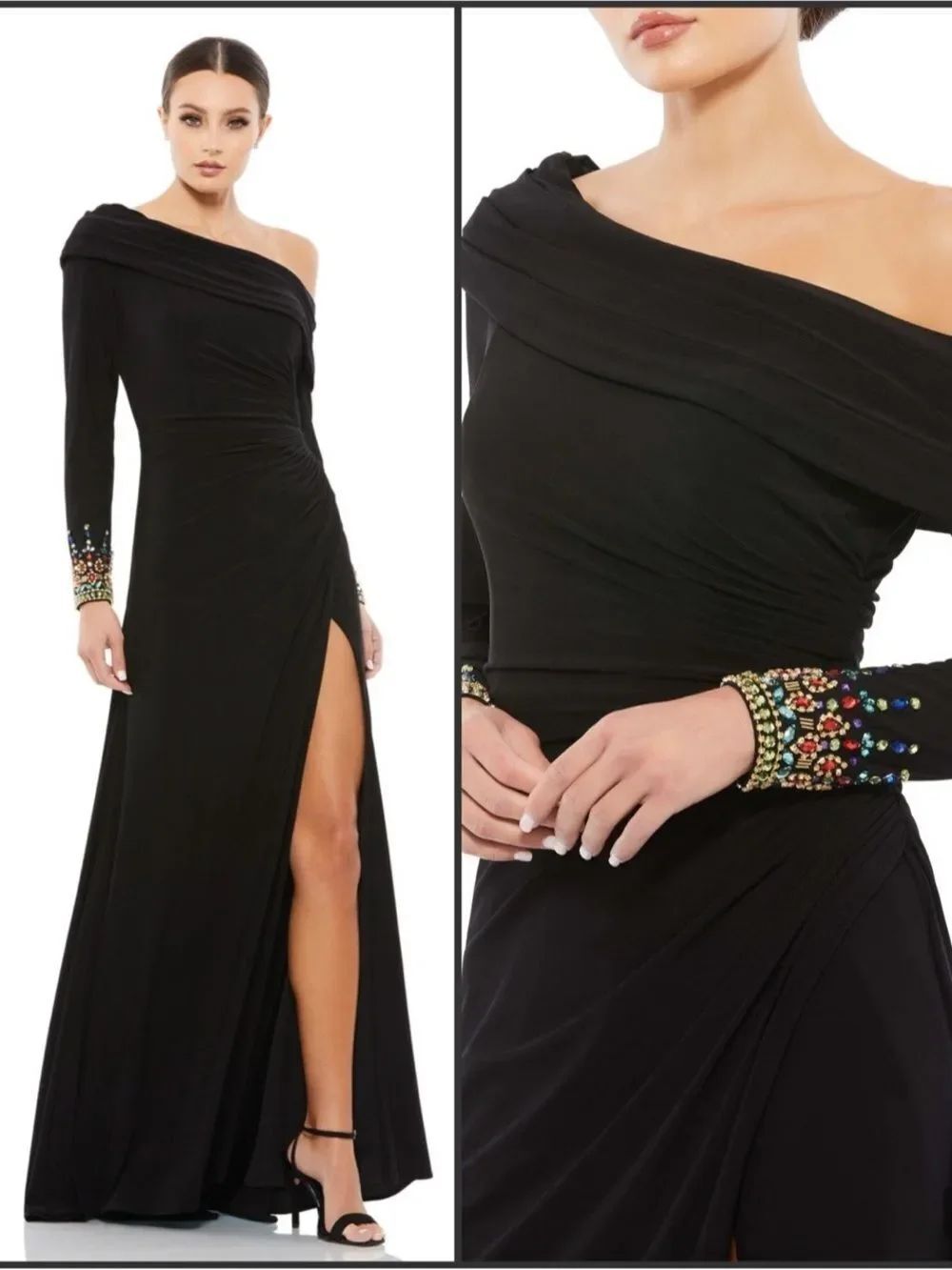 Mac DUGGAL 12231 Black Embellished Cuff One Shoulder Jersey Gown Size 10